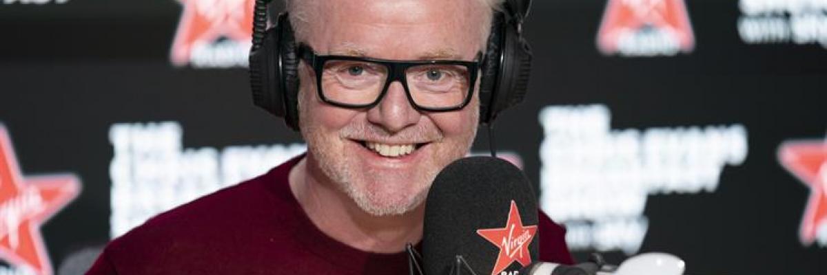 Chris Evans at the microphone in the studio at Virgin Radio